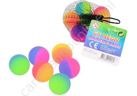 Stuiterballen Twee Kleurig Neon 3cm. netje 6 stuks met snoepzak