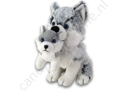 Pluche Husky Zittend met Puppy 25cm. met snoepzak